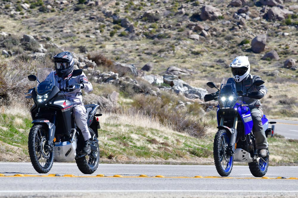 Honda Transalp XL750R & Yamaha Tenere 700 on pavement Honda Transalp XL750R & Yamaha Tenere 700 on pavement