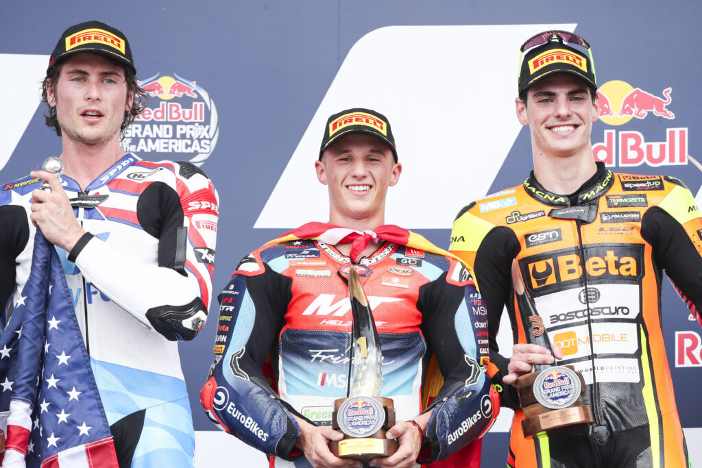 Sergio Garcia, Joe Roberts, Fermin Aldeguer podium, Moto2 race, Grand Prix of the Americas, 14 April 2024