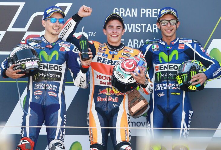 Jorge Lorenzo, Marc Marquez, Valentino Rossi on the podium at Aragon MotoGP, 2016