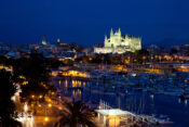 View of Palma de Mallorca with the Cathedral Santa Maria by night.