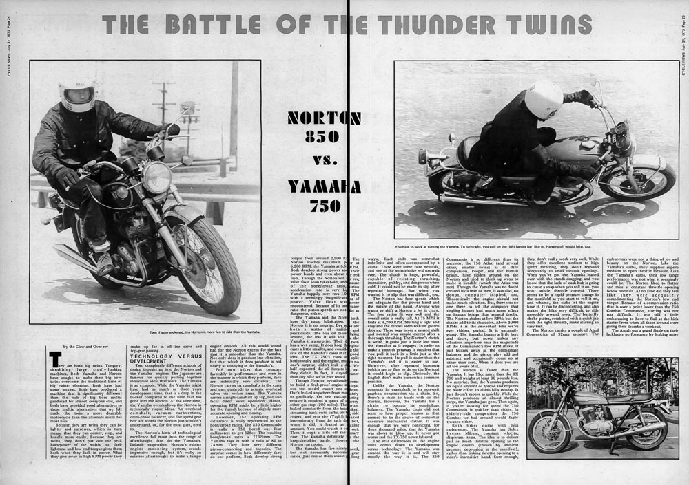 Cycle News Comparison 1973 Yamaha 750 to a Norton 850