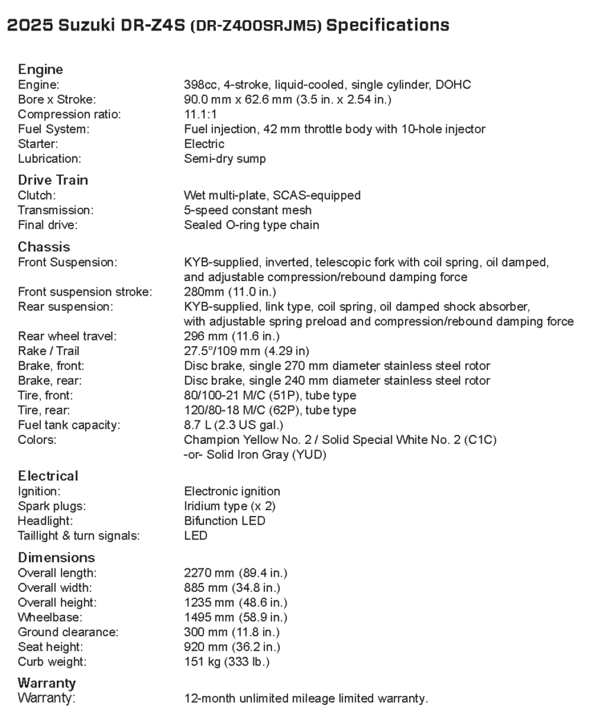 2025 Suzuki DR-Z4S Specifications