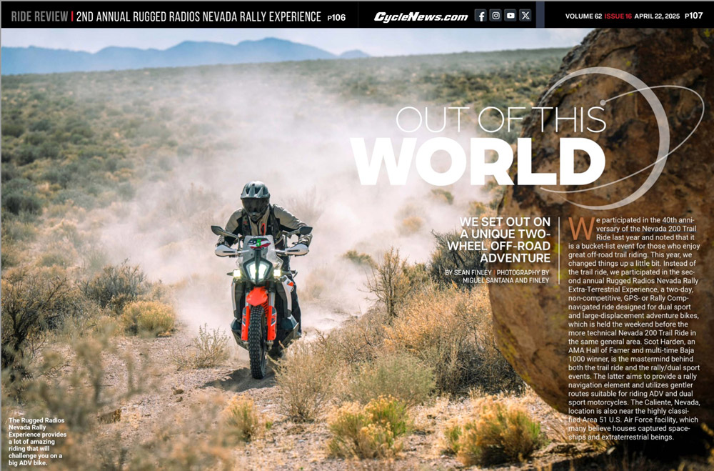 Cycle News Magazine reviews Rugged Radios Nevada Rally Experience 2025