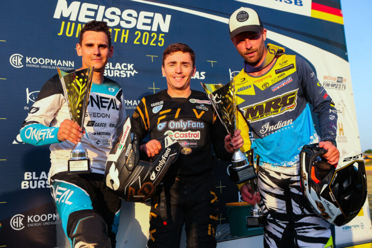 Podium at 2025 FIM Flat Track World Championship in Meißen, Germany. Photo by Jesper Veldhuizen/ Courtesy of the FIM