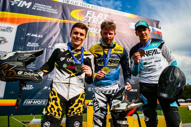 Championship Podium at 2025 FIM Flat Track World Championship in Pardubice. Photo by Jesper Veldhuizen