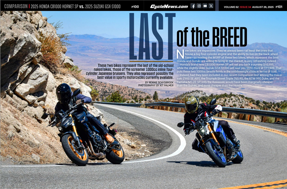 Cycle News Magazine 2025 Honda CB1000 Hornet SP vs. 2025 Suzuki GSX-S1000 Comparison