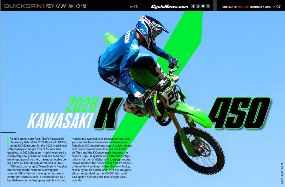 Cycle News Magazine 2026 Kawasaki KX450 Review Cycle News Magazine 2026 Kawasaki KX450 Review