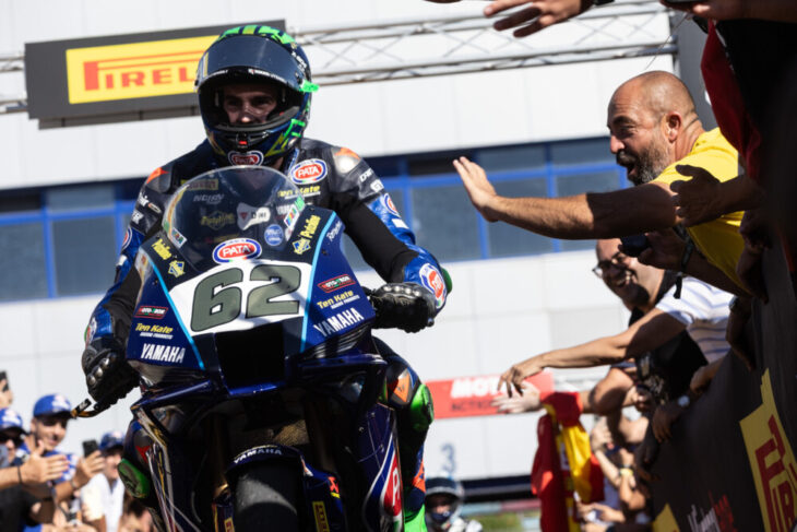 WorldSBK Race OneWhatever happens on the final day of the 2025 WorldSBK championship, the title fight itself will most definitely go to that final day at Jerez, after Nicolo Bulega (Aruba.it Racing – Ducati) had a convincing start-to-finish ride to take the Race One win. Toprak Razgatlioglu (ROKiT BMW Motorrad WorldSBK Team) was involved in some front-running fights, with a certain Andrea Iannone (Team Pata Go Eleven Ducati). It took some time for the lead BMW rider to shake loose the yellow Ducati, and by then Nicolo was stretching out his leading advantage. He would win from Toprak by 3.7 seconds. In an eventual third place, Álvaro Bautista (Aruba.it Racing – Ducati) had to work hard to pass other riders to get into a podium-capable position. He had to have two goes at making his passes stick on Iannone, but eventually got the job done. He was almost ten seconds from his team-mate in the end, but took another important podium for his chances of finishing an overall top three in the championship. Iannone was fourth, but that position could have well been taken by Xavi Vierge (Honda HRC), had he not lost some time in one corner after passing Iannone with a handful of laps to go. Alex Lowes (Bimota by Kawasaki Racing Team) was eying up a podium place at one time but when Bautista came past on the straight - on both him and Vierge in the one pass - Lowes lost two places he would not get back. Andrea Locatelli (Pata Maxus Yamaha) had an eventually lonely ride to seventh. Remy Gardner (GYTR GRT Yamaha WorldSBK Team) kept enough late pace to prevent the upwardly mobile Tarran Mackenzie (MGM BONOVO Racing Ducati) from taking eighth place off of him right at the end. Michael van der Mark (ROKiT BMW Motorrad WorldSBK Team) got the better of Axel Bassani (Bimota by Kawasaki Racing Team) to take tenth place. Jonathan Rea (Pata Maxus Yamaha) fell at T5, without injury, while occupying a strong early position. A gap of 34 points separate Razgatlioglu and Bulega at the top of the table, with the ten-lap Sprint Race and then a final long Race Two to come on Sunday. Unless something really bizarre happens, the title fight should really come to an end on Sunday morning. 2025 Spanish WorldSBK Results—WorldSBK Race One 1. Nicolo Bulega (Aruba.it Racing - Ducati) 2. Toprak Razgatlioglu (ROKiT BMW Motorrad WorldSBK Team) +3.766s 3. Alvaro Bautista (Aruba.it Racing - Ducati) +9.569s 4. Andrea Iannone (Team Pata Go Eleven) +11.221s 5. Xavi Vierge (Honda HRC) +12.272s WorldWCR Race One Maria Herrera (Klint Forward Racing Team) would - finally - be adjudged the winner of the opening Jerez race, but it took a red flag, a mistake from her main championship rival and then a drop of three positions from the ‘race winner’ who was first across the finish line for Herrera to take full points. In a nine-lap race, not the planned ten, a red flag for a problem with the starting procedure made the tension all the higher ahead of the final race start. Beatriz Neila (Ampito Crescent Yamaha) looked on course to be in the lead on the final lap but she ran wide and dropped three places across the line, before being promoted one place in the final results. Local rider Paola Ramos (YVS Sabadell) was the initial ‘winner’ across the line, with Herrera second and Chloe Jones (GR Motorsport) third. After Ramos was demoted in the post-race official results, however, for exceeding track limits on the final lap. Herrera won, Jones was second and the still luckless Neila third. With Ramos fourth, in the fight for fifth place a three rider final duel saw Roberta Ponziani (Klint Forward Racing Team), Lucie Boudesseul (GMT94-YAMAHA) and Australian rider Tayla Relph (TAYCO Motorsports) saw them finish in that order. Pakita Ruiz (PR46+1 Racing Team), Sara Sanchez (Terra & Vita GRT Yamaha WorldWCR Team) and Natalia Rivera (Terra & Vita GRT Yamaha WorldWCR Team) completed the top ten. In the championship standings, Herrera now commands a 15 point lead over Neila, with Jones up to third place. One race left in the year, the title-decider, on Sunday 19 October. 2025 Spanish WorldSBK Results—WorldWCR Race One 1. Maria Herrera (Klint Forward Racing Team) 2. Chloe Jones (GR Motosport) +0.291s 3. Beatriz Neila (Ampito Crescent Yamaha) +1.114s 4. Paola Ramos (YVS Sabadell) +2.686s 5. Roberta Ponziani (Klint Forward Racing Team) +5.503s WorldSSP Race One New WorldSSP Champion Stefano Manzi (Ten Kate Racing Yamaha) looked like he had been beaten by the remarkable turnaround in fortunes of Jeremy Alcoba (Kawasaki WorldSSP Team) and the new-for-2025 Ninja ZX-6R 636. A hard but fair inside pass, one that pushed Alcoba wide and allowed Manzi the inside line to the finish line, was enough for Manzi to win by just 0.051 seconds. It was Manzi’s 11th win of the year. Alcoba, sometimes nowhere this year but now a double podium finisher after his first top three last time out in Estoril had his best single race result yet in second place. Can Öncü (Yamaha bLU cRU Evan Bros Racing) was finally third, after Jaume Masia (Orelac Racing VerdNatura Ducati) was dropped one position for exceeding track limits on the final lap. Masia was still ranked just 0.400 seconds from the winner, in what was a brilliantly close race inside the top places yet again. Fifth was Italian charger, Alberto Surra (Yamaha BLU CRU Evan Bros Team), with pole sitter Mattia Casadei (Motozoo ME air racing MV Agusta) sixth. Tom Booth-Amos (PTR Triumph Factory Racing) was seventh and Philipp Öttl (Feel Racing WorldSSP Team Ducati) eighth. Valentin Debise (Renzi Corse Ducati) and Roberto Garcia (GMT94-Yamaha) completed the top ten, but Lucas Mahias (GMT94-Yamaha) broke his wrist after crashing, and will miss Race Two. Oli Bayliss (PTR Triumph Factory Racing) retired with a technical issue. 2025 Spanish WorldSBK Results—WorldSSP Race One 1. Stefano Manzi (Pata Yamaha Ten Kate Racing) 2. Jeremy Alcoba (Kawasaki WorldSSP Team) +0.051s 3. Can Oncu (Yamaha BLU CRU Evan Bros Team) +0.329 4. Jaume Masia (Orelac Racing VerdNatura) (Orelac Racing Verdnatura) +0.400s 5. Alberto Surra (Yamaha BLU CRU Evan Bros Team) +1.625s WorldSBK Superpole Nicolo Bulega (Aruba.it Racing – Ducati) stamped his name at the top of the Superpole Qualifying timesheets with a new track best of 1’36.629, taking his ninth career pole and the fifth of 2025. The previous track best, also from Bulega, was a 1’37.596 - almost a second slower than the previous best pace of the only rider who can deny Toprak Razgatlioglu the 2025 riders’ championship this year. Toprak Razgatlioglu (ROKiT BMW Motorrad WorldSBK Team) was second fastest, albeit over a second from Bulega, while the still-injured Sam Lowes (ELF Marc VDS Racing Team Ducati) was a stunning third fastest, although 0.972 seconds from Bulega. Alex Lowes (bimota by Kawasaki Racing Team) was fourth quickest, very close in lap time to his brother, with Andrea Iannone (Team Pata Go Eleven Ducati) in fifth place and Remy Gardner (GYTR GRT Yamaha WorldSBK Team) sixth. In his last ever Superpole qualifying session before his retirement from full-time WorldSBK racing, Jonathan Rea (Pata Maxus Yamaha) placed seventh with Alvaro Bautista (Aruba.it Racing – Ducati) eighth and the second factory Yamaha of Andrea Locatelli (Pata Maxus Yamaha) tenth. Independent rider Tarran Mackenzie (MGM BONOVO Racing Ducati) was 11th; Garrett Gerloff (Kawasaki WorldSBK Team) 15th and Bobby Fong (Attack Performance Yamaha Racing) 24th from 25 riders. 2025 Spanish WorldSBK Results—WorldSSP Superpole 1. Nicolo Bulega (Aruba.it Racing - Ducati) 1’36.629s 2. Toprak Razgatlioglu (ROKiT BMW Motorrad WorldSBK Team) +0.524s 3. Sam Lowes (ELF Marc VDS Racing Team) +0.972s* 4. Alex Lowes (bimota by Kawasaki Racing Team) +1.054s 5. Andrea Iannone (Team Pata Go Eleven) +1.119s