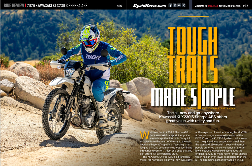 Cycle News Magazine 2026 Kawasaki KLX230 S Sherpa ABS Review Cycle News Magazine 2026 Kawasaki KLX230 S Sherpa ABS Review