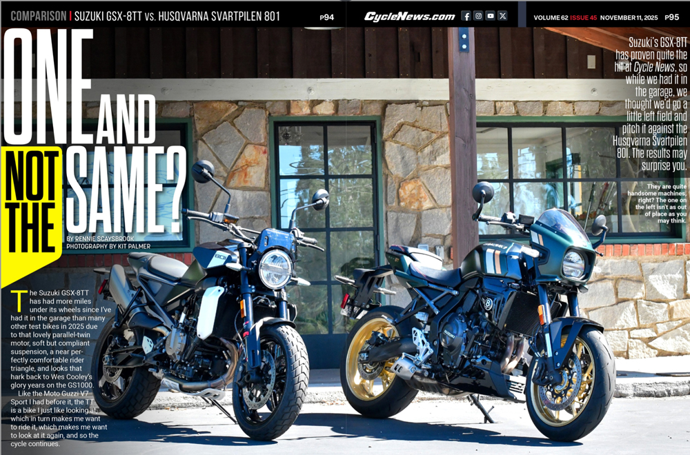 Cycle News Magazine 2026 Suzuki GSX-8TT vs. 2025 Husqvarna Svartpilen 801 Cycle News Magazine 2026 Suzuki GSX-8TT vs. 2025 Husqvarna Svartpilen 801