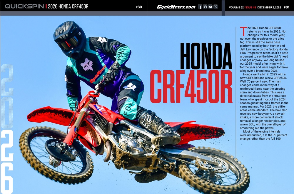 Cycle News Magazine 2026 Honda CRF450R Review