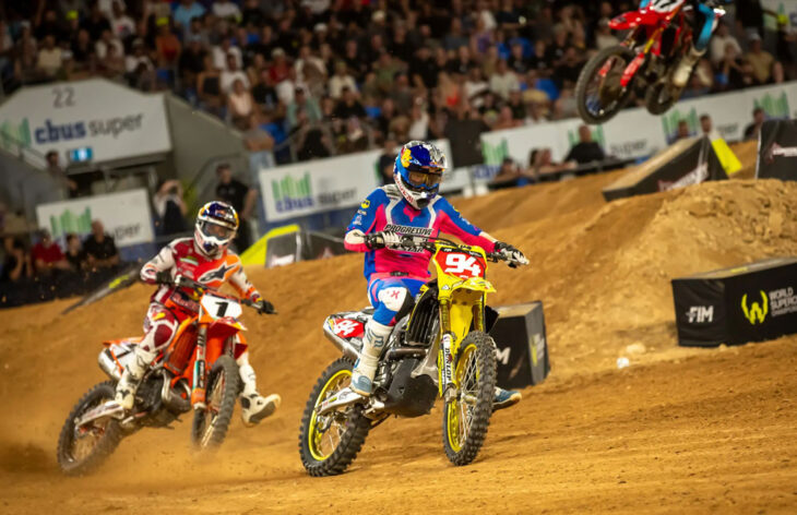 Ken Roczen (94) leads Eli Tomac (1) at 2025 WSX Australia
