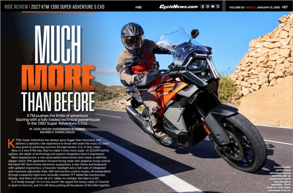 Cycle News Magazine 2027 KTM 1390 Super Adventure S Evo Review