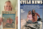 Linda Adent with Cycle News that featured her and brother on the cover