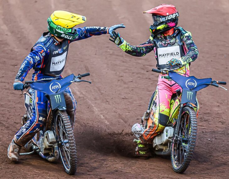 Brady Kurtz (left) and Michael Jepsen Jensen at SpeedwayGP of Manchester 2026