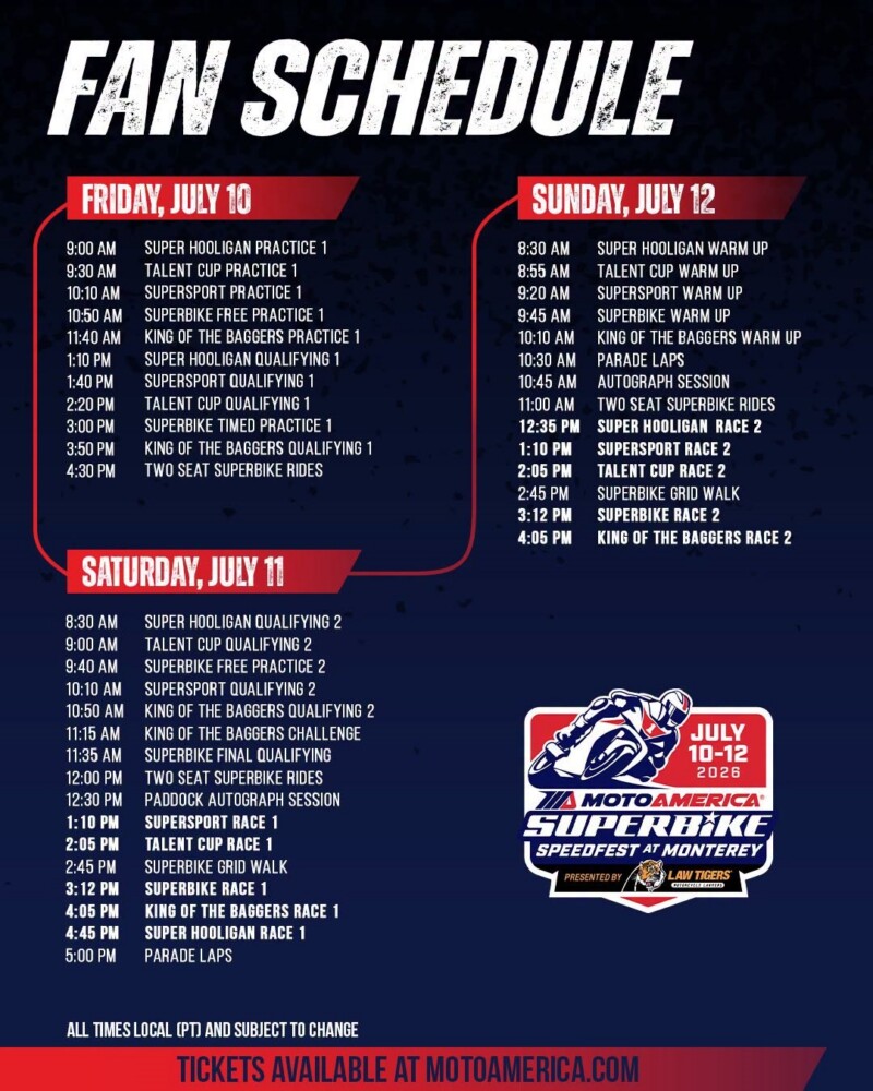 2026 MotoAmerica Laguna Seca Broadcast Schedule