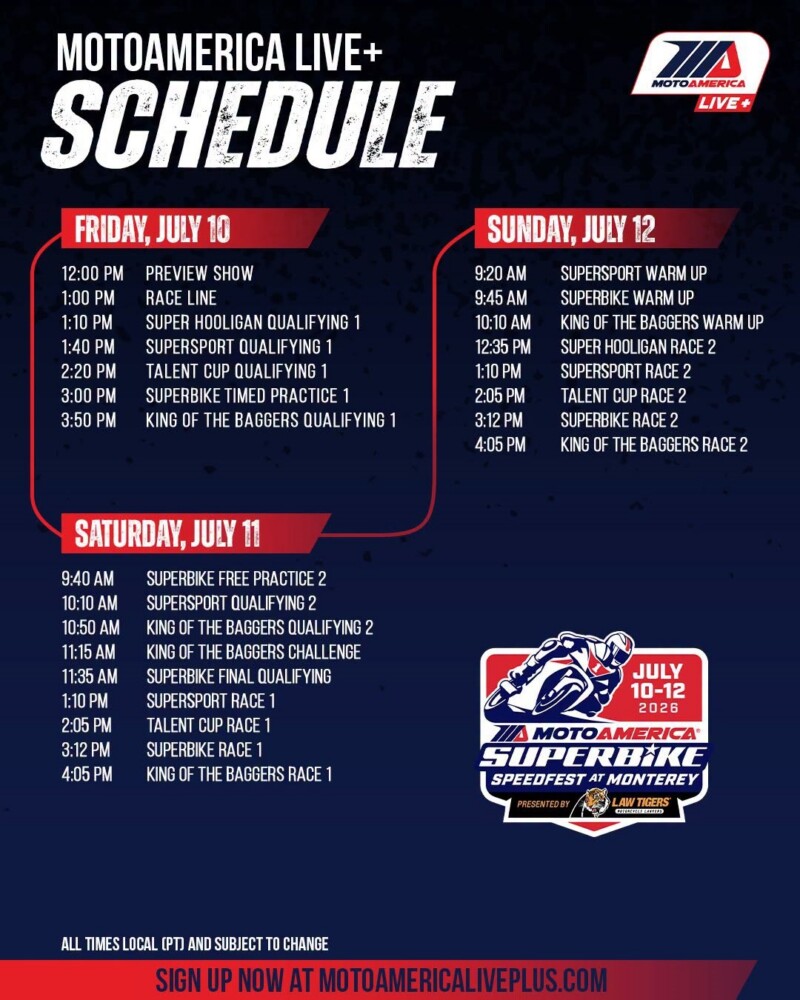 2026 MotoAmerica Laguna Seca LIVE Broadcast Schedule