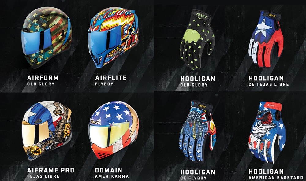 Icon Stars and Stripes Collection helmets and gloves