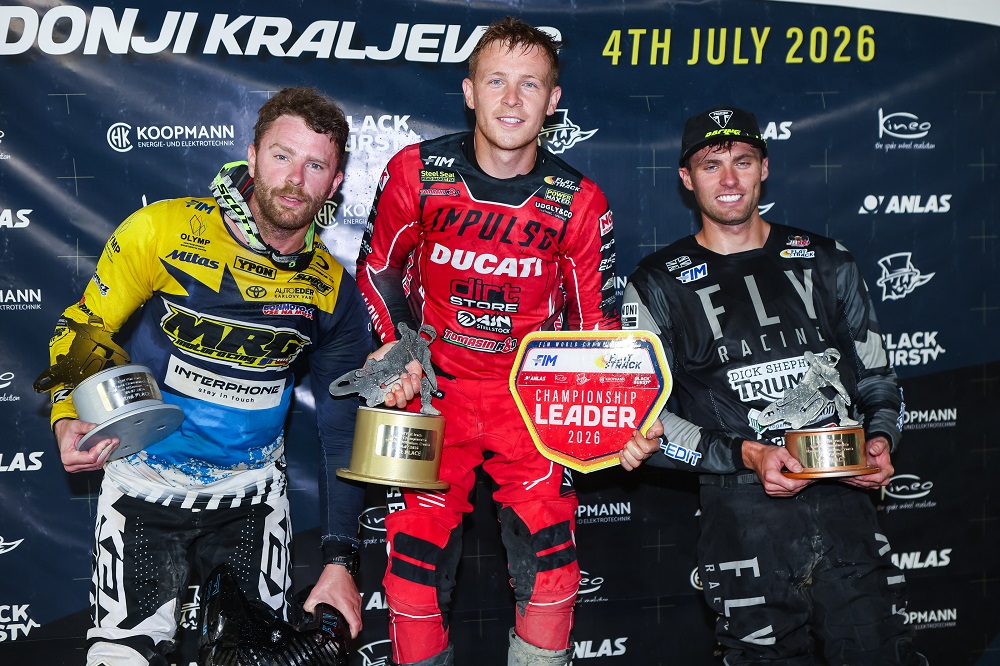 Podium at 2026 FIM Flat Track World Championship, Donji Kraljevec (Croatia). Photo by Jesper Veldhuizen