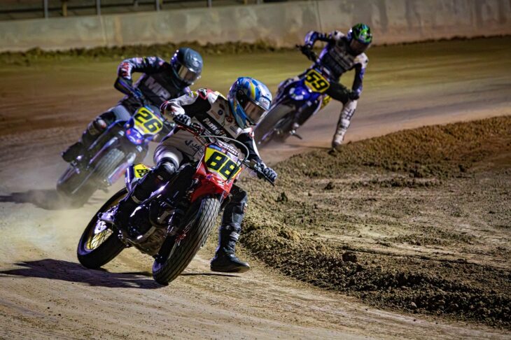 Saathoff (No. 88) RoosEvans (No. 26) Drane (No. 59) at 2025 Jackpine Gypsies Super TT. Photo Scott Hunter for AMA Pro Racing