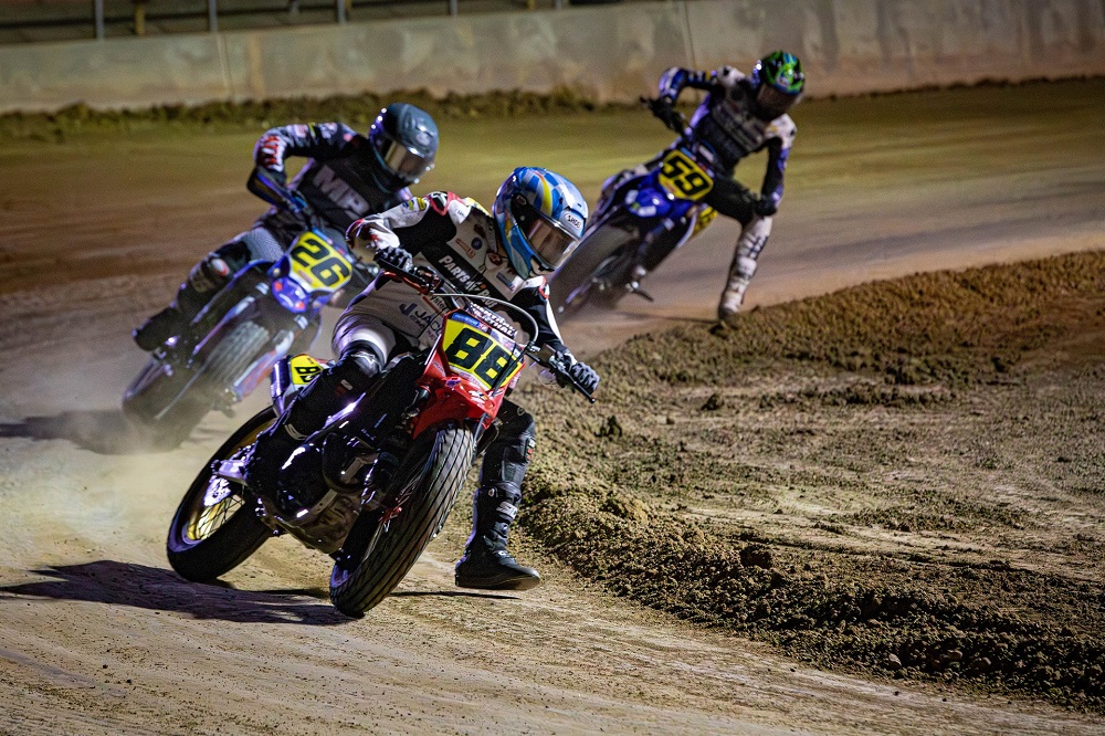 Saathoff (No. 88) RoosEvans (No. 26) Drane (No. 59) at 2025 Jackpine Gypsies Super TT. Photo Scott Hunter for AMA Pro Racing