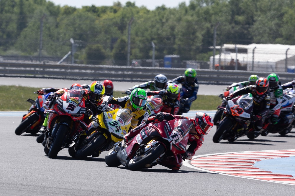Re-start of race, Nicolo Bulega, Lorenzo Baldassarri, Yari Montella, Superpole race, Hungarian WorldSBK, 3 May 2026