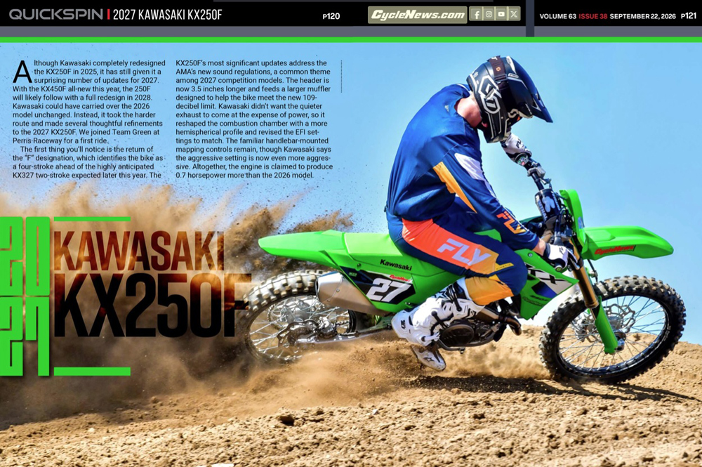 Cycle News Magazine 2027 Kawasaki KX250F Review Cycle News Magazine 2027 Kawasaki KX250F Review