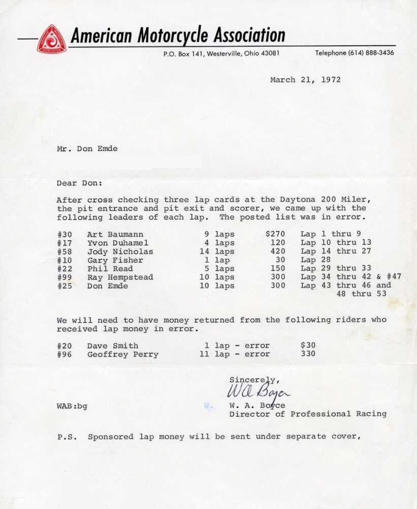 Letter to Don Emde from AMA 1972