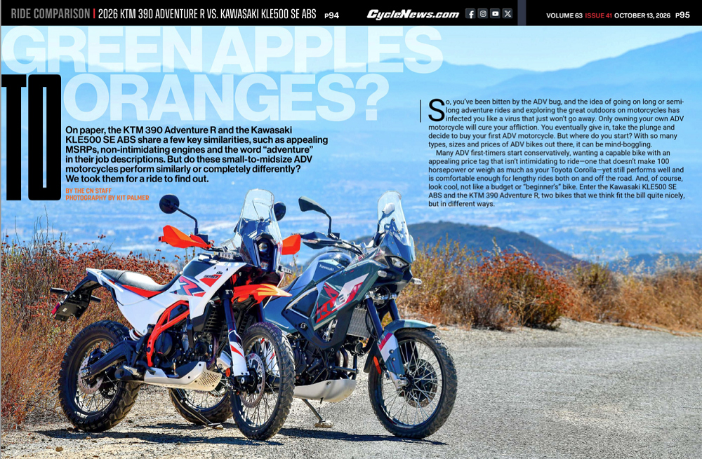 Cycle News Magazine KTM 390 Adventure R vs. Kawasaki KLE500 SE ABS Comparo